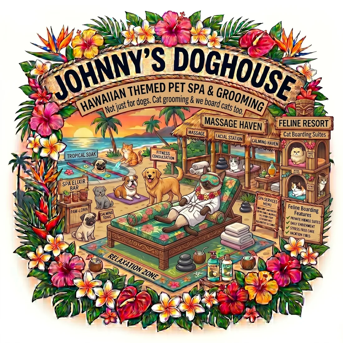 Hawaiian-themed cat boarding suites at Johnny