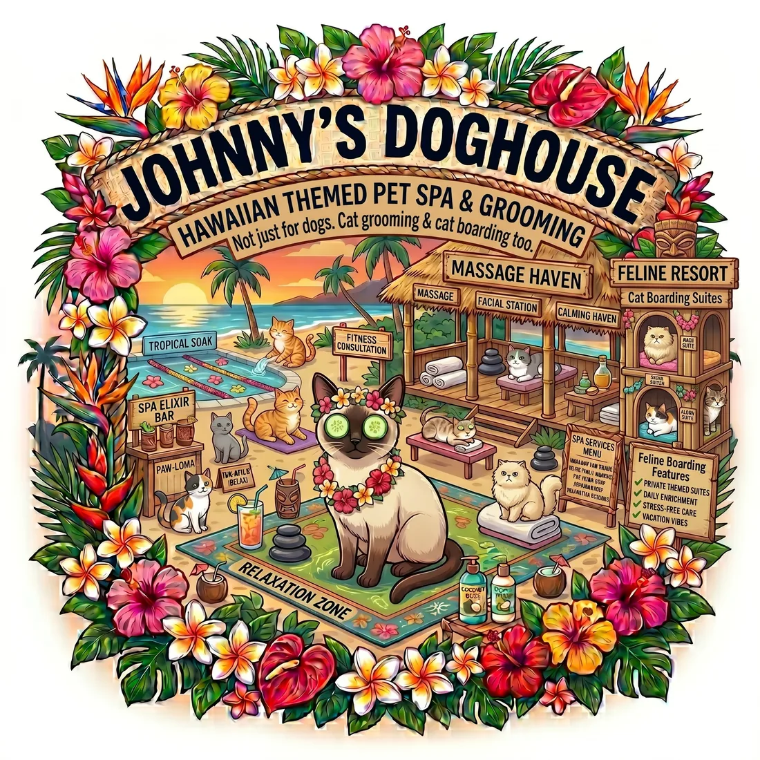 Hawaiian-themed cat grooming at Johnny